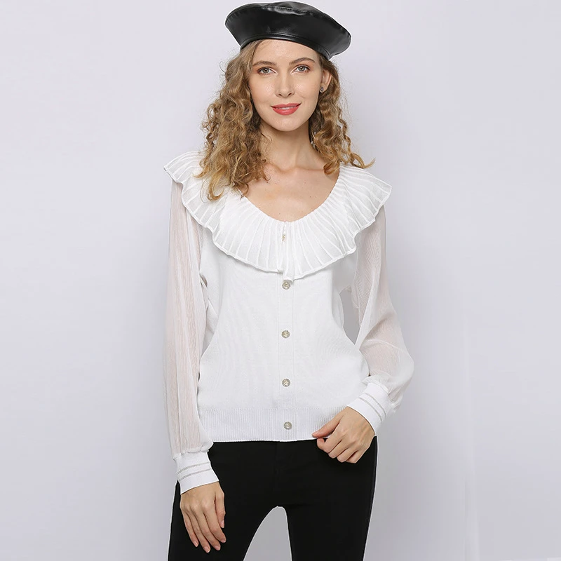 

Ruffled Solid O-neck Mesh Patchwork Long Sleeve Knitted Shirt Women Tops Spring Summer Korean Wild Sweet Sweater Blouses T20622