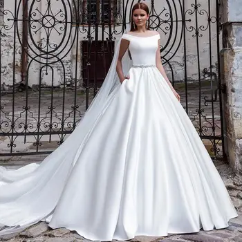 

2020 New Mrs Win Wedding Dress Luxury Satin Elegant Boat Neck Wedding Gown With Train Back Button Vestido De Noiva Plus Size
