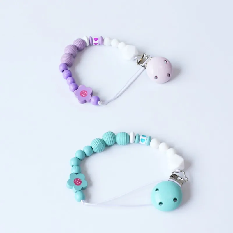 

Newborn Baby Wooden Pacifier Clip Chain Holder Silicone Colorful Flower Beads Soother Clip Chain Teether Molar Infant Toys