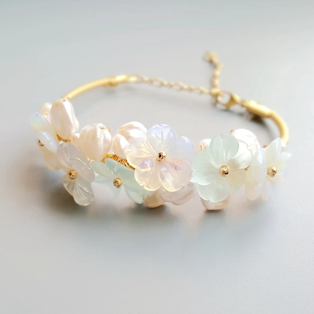 

LiiJi Unique Blue Crystal Opals Crytal Flowers Baroque Freshwater Pearl Bracelet Bangle Handmade Jewelry Open Bangle Women Gift