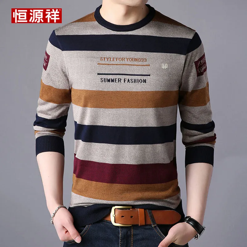 

HYX New Style Genuine Product Spring Young And Middle-aged Slim Fit Long Sleeve Stripes Jacquard T-shirt Pullover Knit Low Waist
