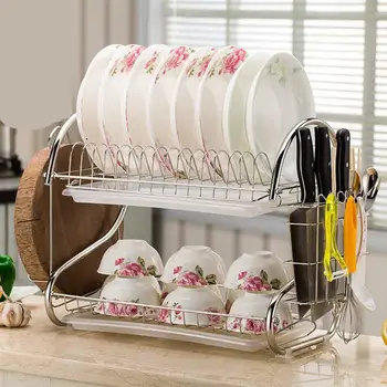 

Stainless Steel Dish Drain Rack Double Layer Storage Stand Practical Kitchen Storage Shelf For Home Silver
