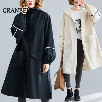 

Johnature Hooded Trench For Women Linen Bandage Coats Loose 2 Color 2019 Spring New Original Women Cloths Loose Trench Coats