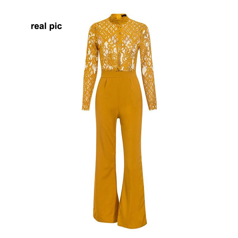 Женский кружевной комбинезон с широкими штанинами, комбинезон с длинным рукавом, кружевные комбинезоны с вышивкой - Цвет: Цвет: желтый