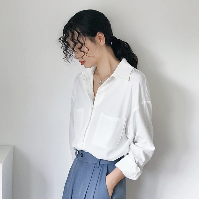

OL Style White Shirts for Women Turn-down Collar Pockets Women Blouse Tops Elegant Workwear Female Tops blusas femme 2020 Autumn