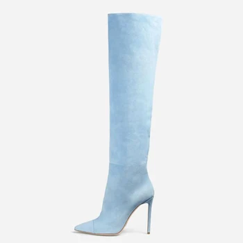 

fashion shoes blue pink suede boots stilettos heels over the knee thigh high boots women's shoes large size 44 45