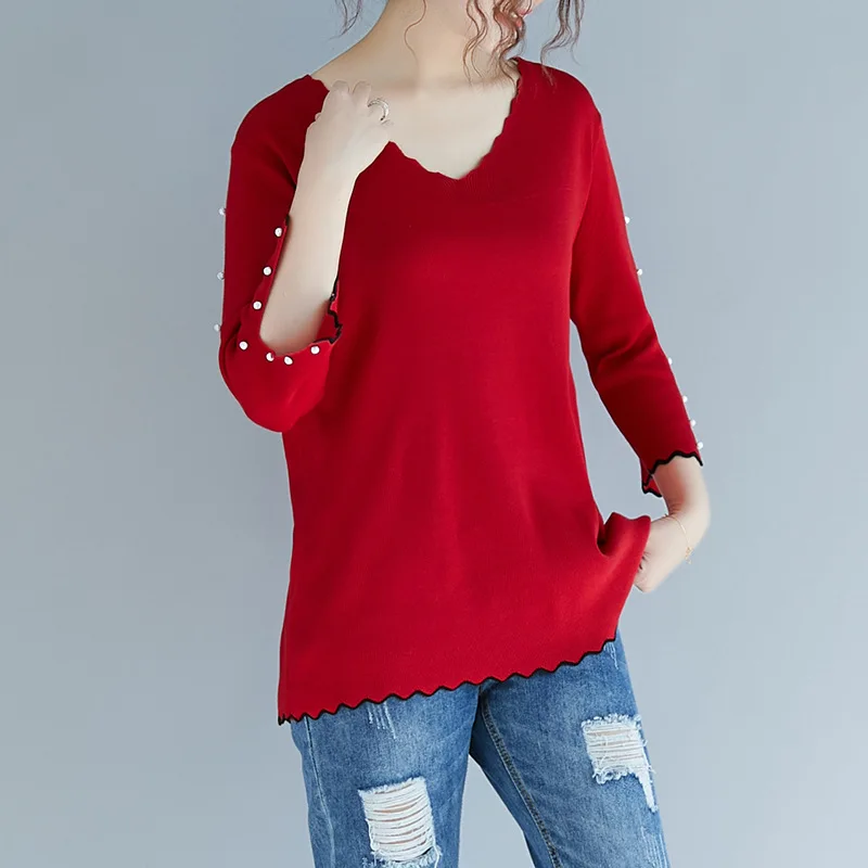 

Large Size Pullovers Women V-neck Beading Casual Sweaters Female Tops Red 3487LY