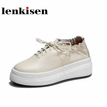 

Lenkisen leisure genuine leather beauty round toe high bottom flat platform loafers convenient style spring lace up shoes L01
