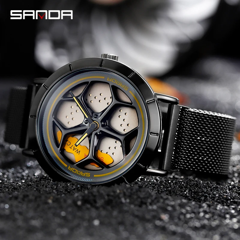 SANDA Hot Sell Business Outdoors Men Wristwatch Wheel Shaped Rotating Dial Life Waterproof Durable Quartz Gifts Watches 1022