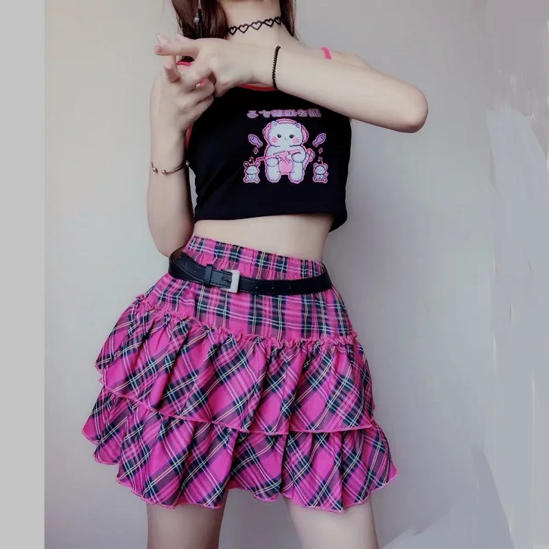 Sweet Japanese Girl Rose Red Plaid Skirt Women Summer Y2k Kawaii Lolita Cake Mini Skirts