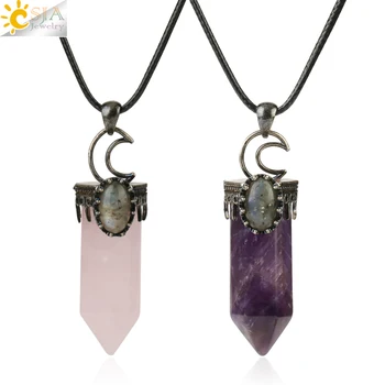 CSJA Natural Stone Crystal Pendants Semi-Precious Necklace Half Moon Pendant Antique Silver Color Hexagon Column Suspension G253