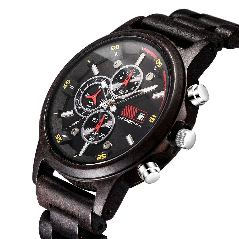 

Relogio Masculino Retro Ebony Wood Watches Men Chronograph Military Watch Full Wood Band Quartz Man Clock Top Brand Luxury reloj
