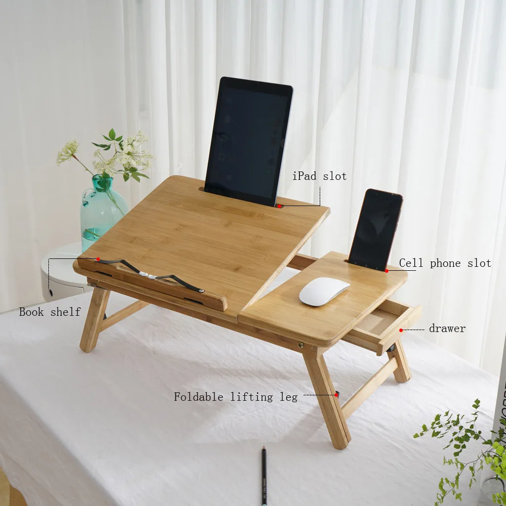 

Height Adjustment Laptop Tray Desk Foldable Lazy Table With Drawer Bamboo