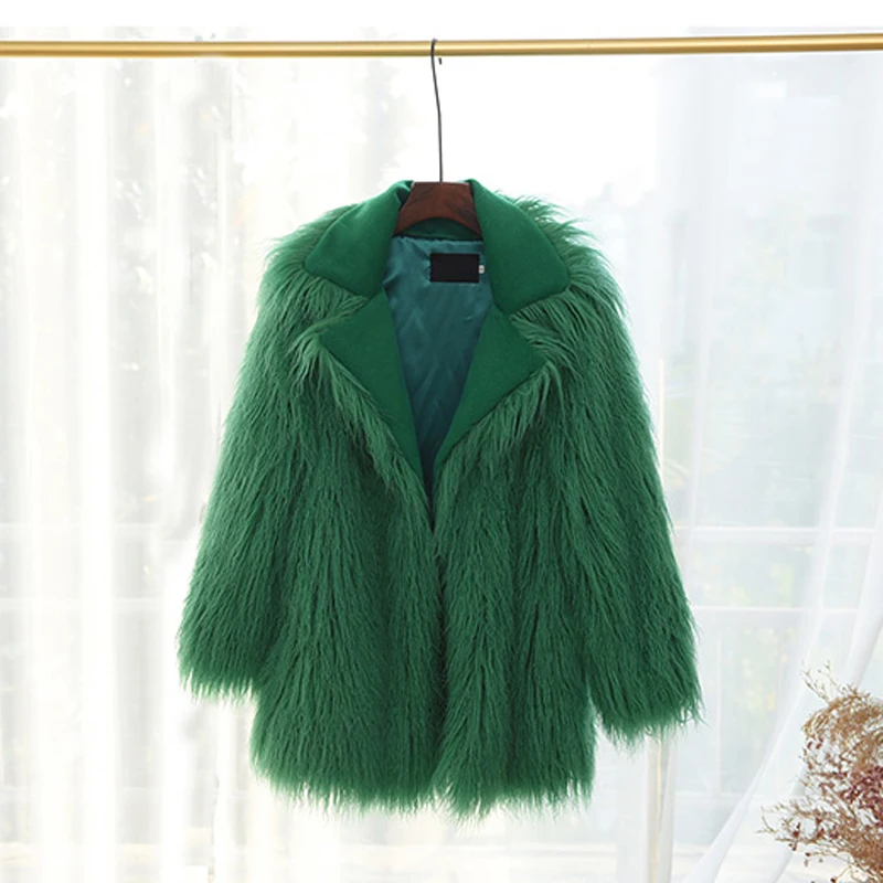 Зимняя женская модная куртка из искусственного меха с отложным воротником, пальто в стиле хип-хоп, пушистая овечья шерсть, верхняя одежда для улицы, крутые плюшевые пальто для девочек - Цвет: green overcaot