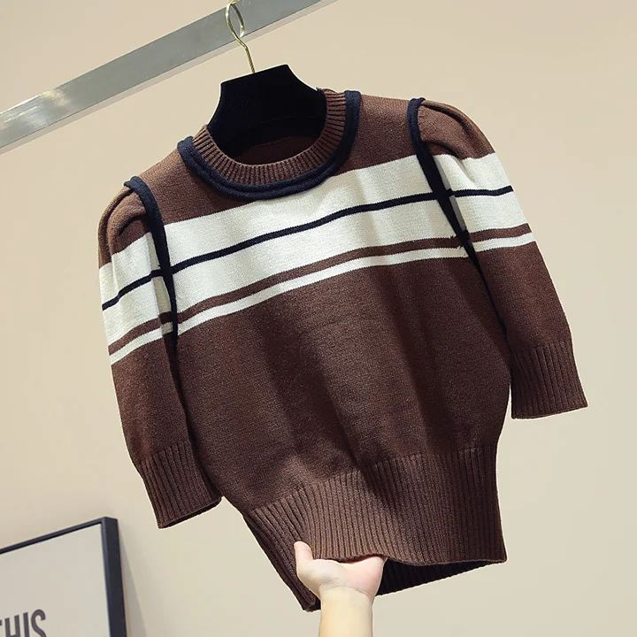 Новинка в Корейском стиле colorblock(цветовой блок), прошитая, с короткими рукавами шорты Модный вязаный свитер для женщин