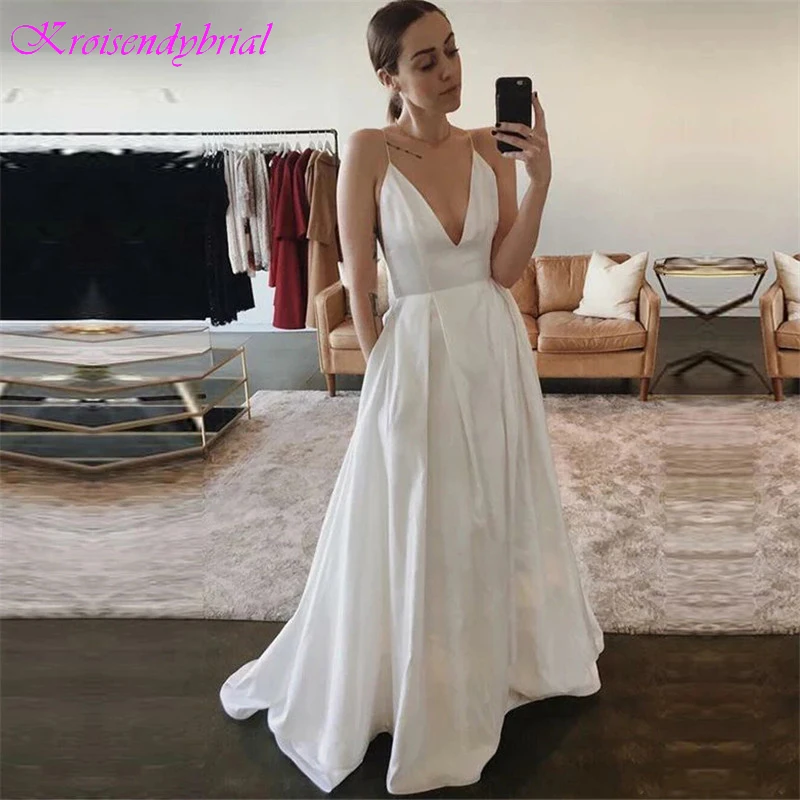 

KRW008 Sexy Straps V Neck Satin with Pocket Wedding Dress 2019 Bridal Gown robe mariee Vestidos De Noiva robe de mariée dentelle