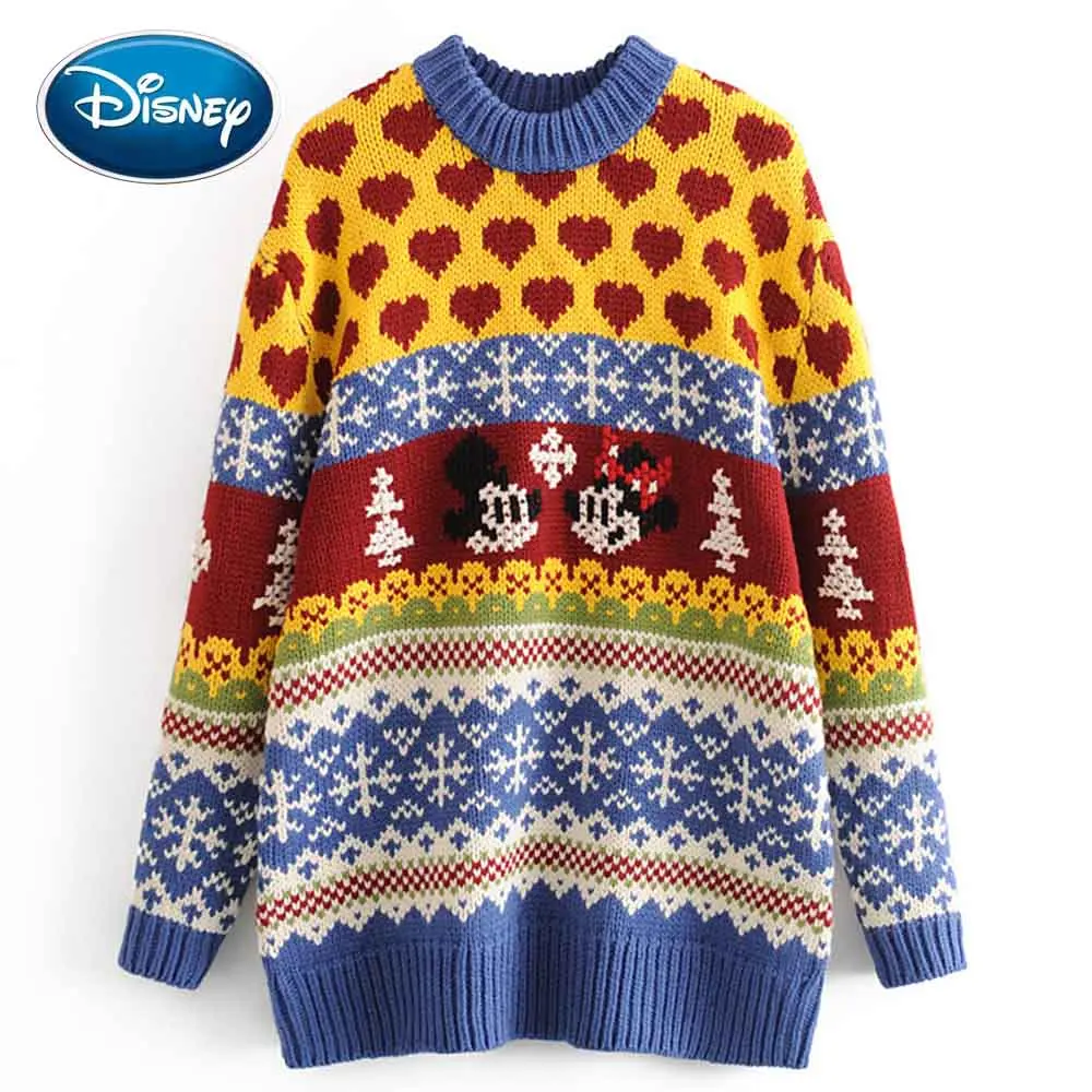 

Disney Stylish Minnie Mickey Mouse Love Cartoon Print O-Neck Pullover Colorful Streetwear Women Sweater Knitted Long Sleeve Tops