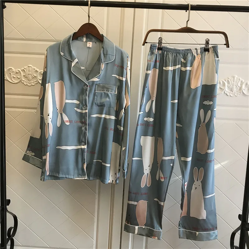 

Fiklyc Cartoon Pajamas Silk Lapel Female Spring Long-Sleeved Trousers Suit Home Service Loose Large Size