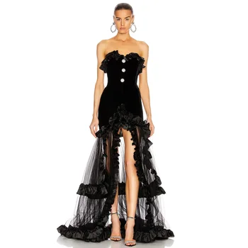 

New Arrival Black Trendy Crystal Button Design Bandage Dress Sexy Sleeveless Lace Club Hot Celebrity Evening Party Long Dress