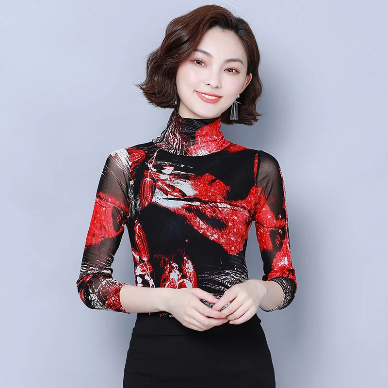 Красный Blusas mujer de moda осень и зима модные сетчатые Топы с длинным рукавом рубашки размера плюс женские блузки - Цвет: Красный