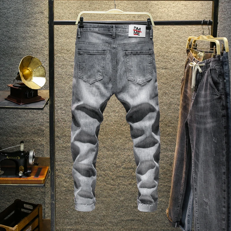 50% OFF Casual Mens jeans Cotton Slim Fit Grey Ankle-length Pant Streetwear Mens Ripped Holel Stretchy Ripped Skinny Jeans Trousers
