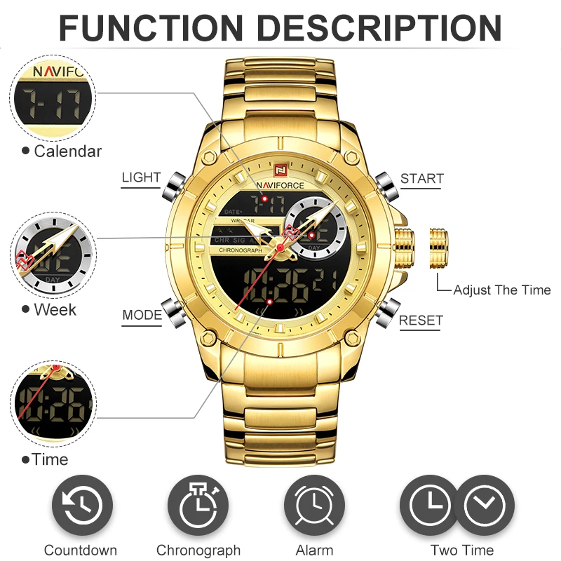 NAVIFORCE Watches for Men Luxury Brand Big Dial Gold Mens Watch Stainless Steel Waterproof Sport Male Clock Relogio Masculino Sadoun.com
