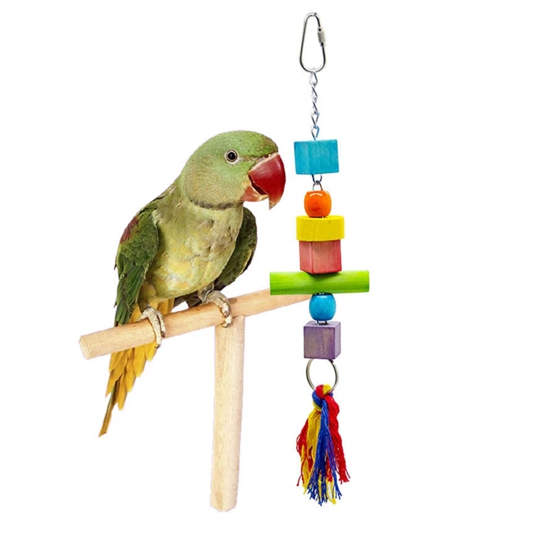 Bird Block Toy Wooden Natural Cotton Tassel Parrot Rope Toy Parakeet