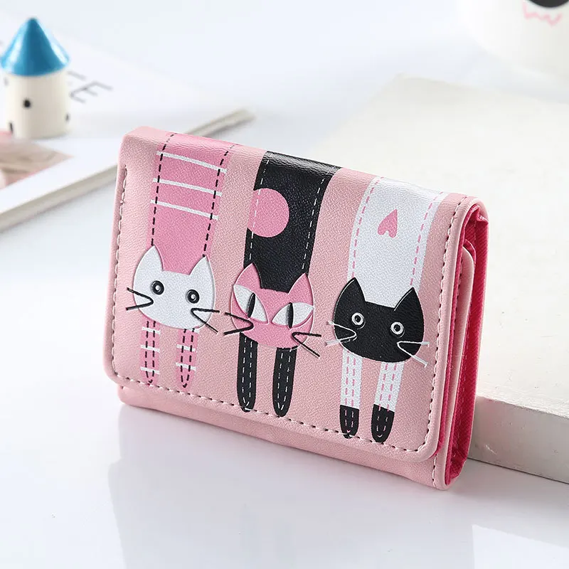 

Ladies Short Wallet Japanese and Korean Cute Cartoon Three Cat Clutch Tri-fold Coin Purse womens wallets small wallet