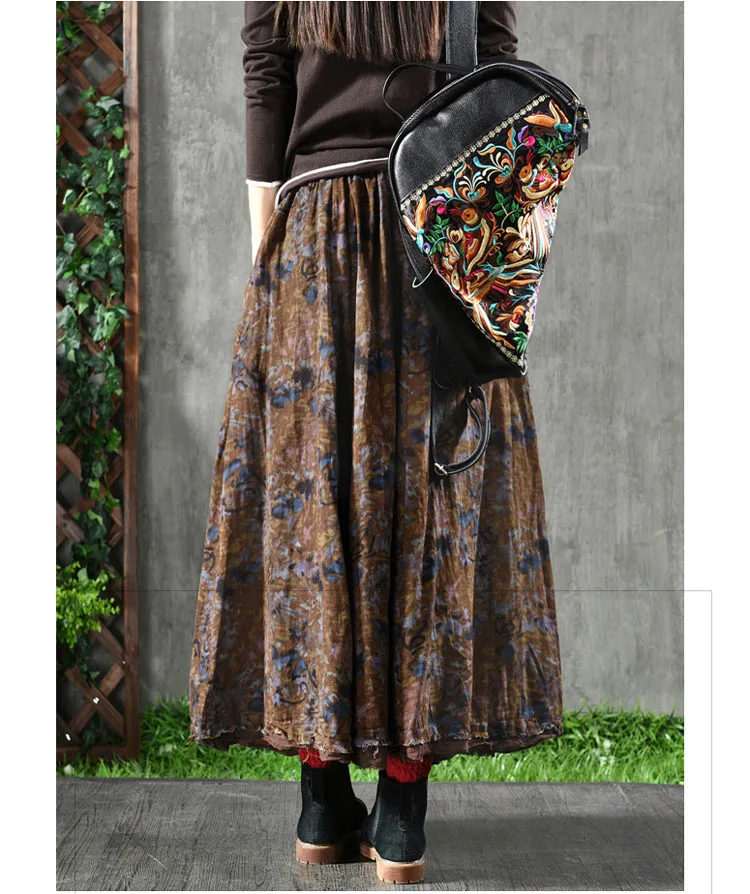 Осенне-зимние женские винтажные хлопковые льняные смешанные юбки женские свободные с цветочным принтом весенние двухслойные юбки с эластичной резинкой на талии