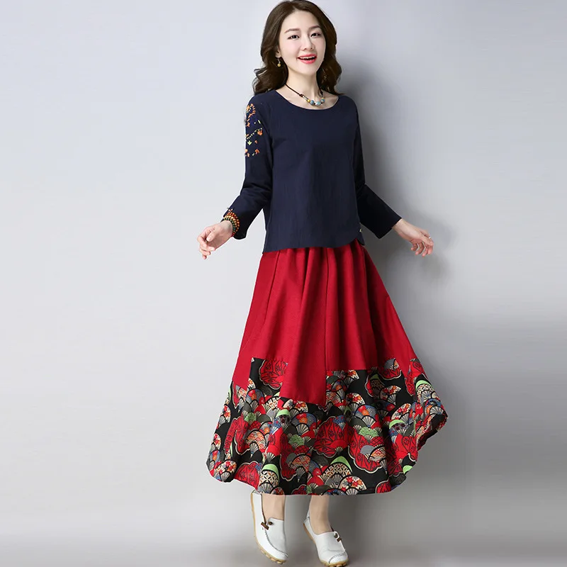 

2018 Spring New Style Crew Neck Embroidered T-shirt + Ultra Large Pendulum Pleated Skirt Ethnic-Style Cotton Linen Loose Fashion