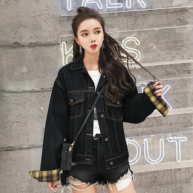 

Spring New Style Loose-Fit Street Versatile Open Wire Contrast Color Plaid Sleeve Cowboy Short Jacket Fashion