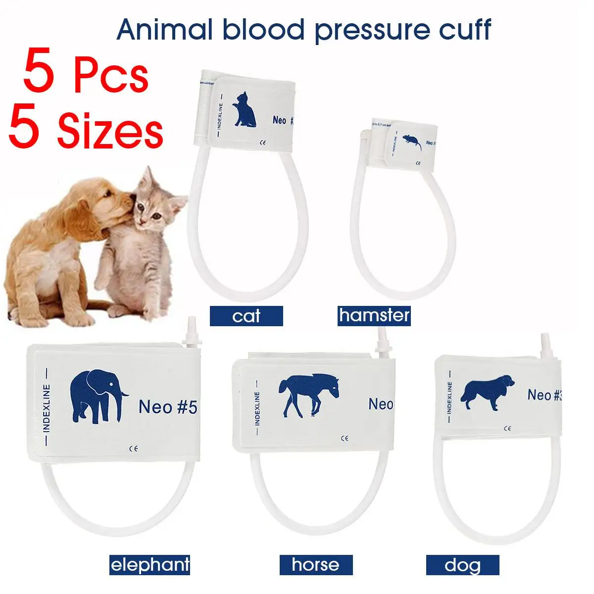 

5 Sizes/Lot Veterinary Blood Pressure Cuff of Patient Monitor Animals Dog Cat Pet with single tube connector Non-woven neonatal