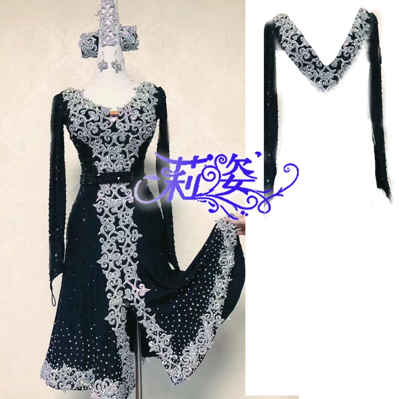 

Handmade Dance Dress/Standard Ballroom Competition Dress Modern Black + Silver Lace latin dress