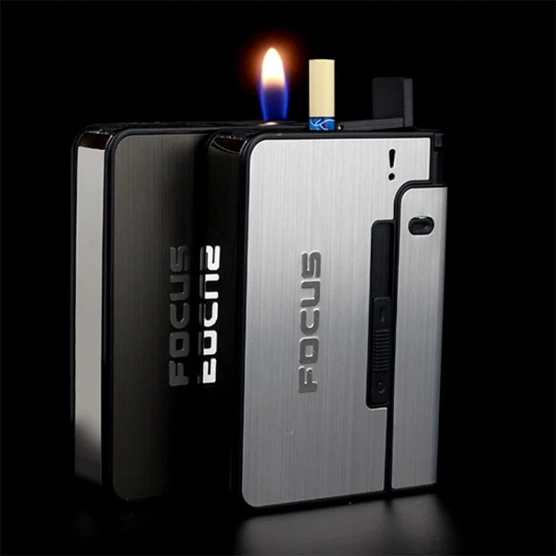 

10pcs Cigarette Capacity Automatic Cigarette Case Metal Windproof Refillable Gadgets Lighter Cigarette Box For Men Smoking Gift