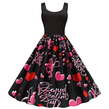 

Sexy Retro Heart Print Party Dress 2020 A-line Slim Vintage Halter Dress 50s 60s Gothic Pin Up Rockabilly Dress Plus Size#J30