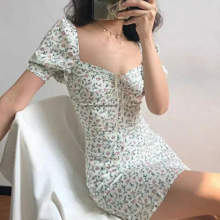 Summer Dress Retro Boho Women Tie Neck Floral Print Floral Mini Sexy White Dress Elegant Puff Sleeve Dresses Korean Vestidos