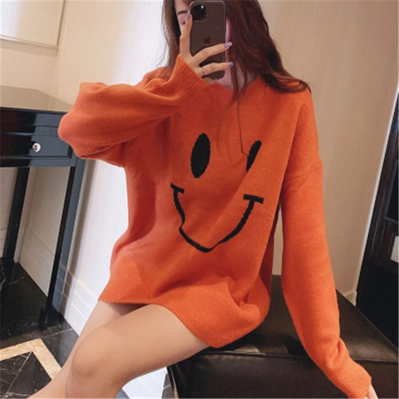 

RUGOD 2020 New Arrival Cartoon Smile Face Solid Women Pullover O-neck Long Sleeve Female Sweaters Fashion Chic Women's Outfit