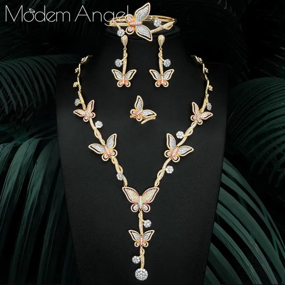 3Tone Mixed ModemAngel, роскошный дизайн в форме бабочки, ожерелье, браслет, серьги, кольцо, вечерние, подарок, кубический цирконий, медь, обручение - Окраска металла: 3Tone Mixed