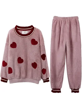 

JVCAKE velvet Pajama Sets for women suit warm large size pink heart embroidery women's home clothes pajama set