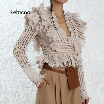 

2019 new fashion summer long-sleeved V-neck shirt top sexy lace ruffled openwork shirt ladies casual shirt