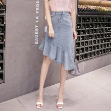 Новая летняя женская короткая юбка с высокой талией ковбой рыбий хвост лотоса юбки с узором в виде листьев светильник СИНИЙ 506