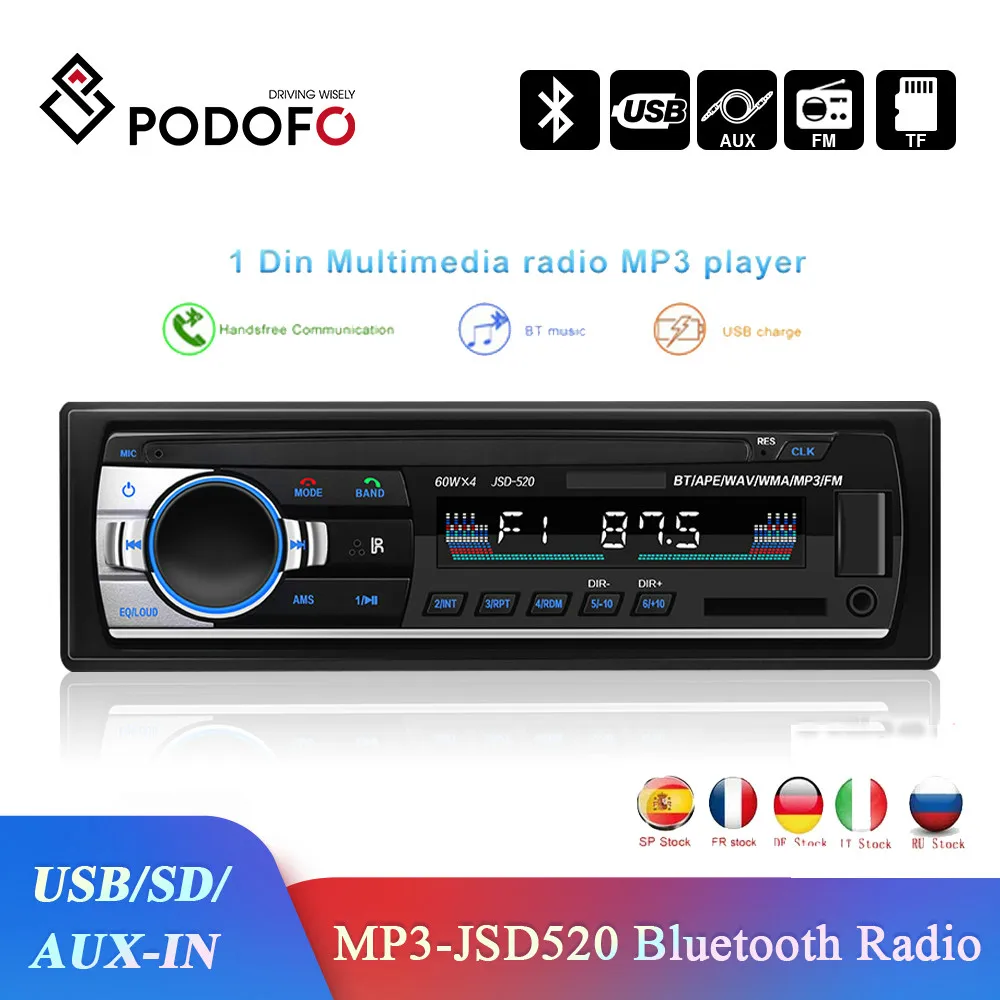 Podofo автомобильный мультимедийный плеер JSD 520 1 Din стереофонический радиоприемник FM Aux Вход SD USB 12 В в тире Bluetooth