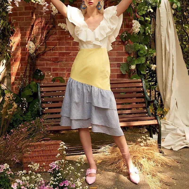 Retro Patchwork Striped Women Dress V Neck Ruffled Sleeve Beach Bodycon Female Elegant Slim Sleeveless Long Dresses Vestidos