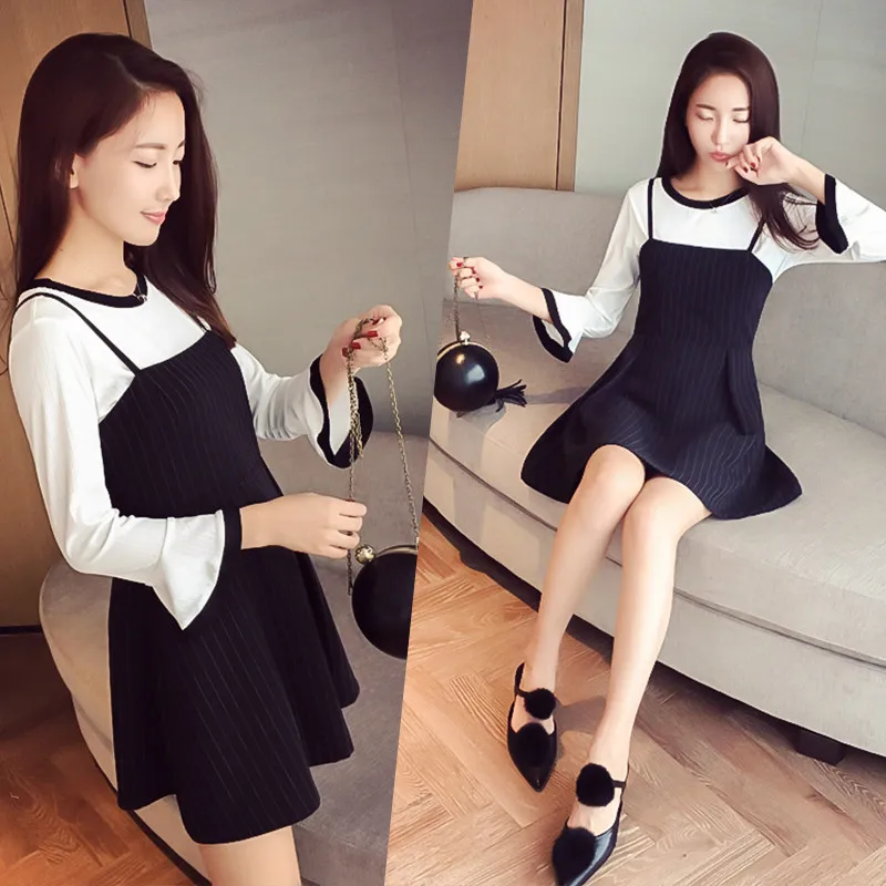

2016 Autumn Clothing New Style Korean-style Stripes Camisole Chiffon Dress Mid-length A- line Skirt Two-piece Dress