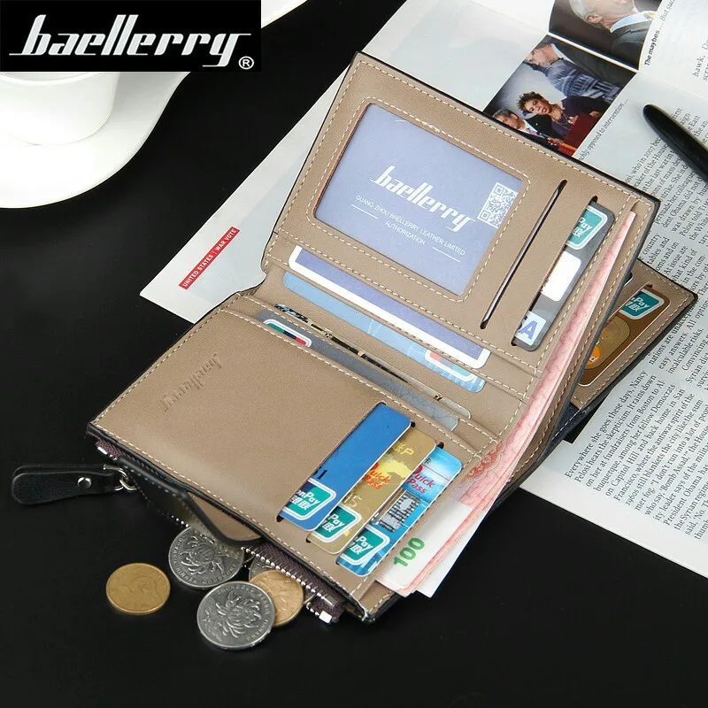 Baellerry, новинка, деловой мужской кошелек, короткий, вертикальный, мужской кошелек для монет, Повседневный, многофункциональный, с отделением для карт, сумка на молнии, с пряжкой, складная