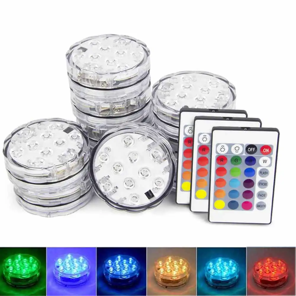 10LED RGB LED Underwater Light Pond Submersible IP67 Waterproof Swimming Pool Light Battery Operated For Wedding Party