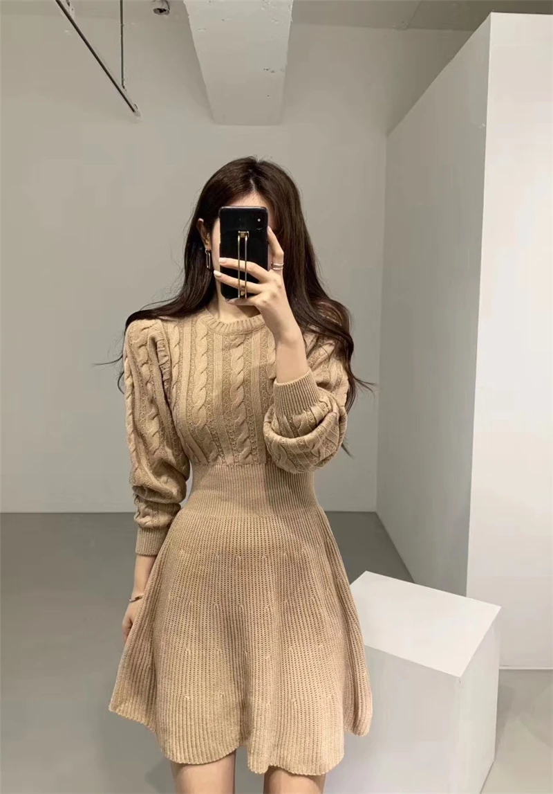 Fashion Autumn Winter Knitted Dress Women Twist Pattern Pleated Dress Elegant Solid Lantern Sleeve Tunic Sweater Dress Vestidos