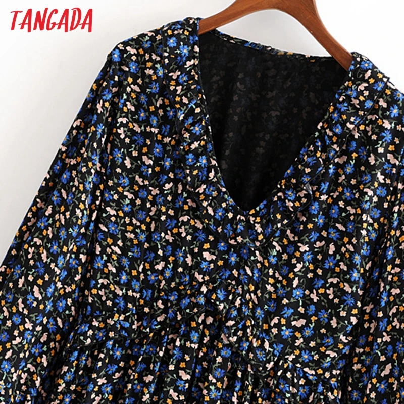 Tangada женское милое шифоновое мини-платье с оборками и v-образным вырезом, с длинным рукавом, плиссированные женские свободные платья vestidos 3H29