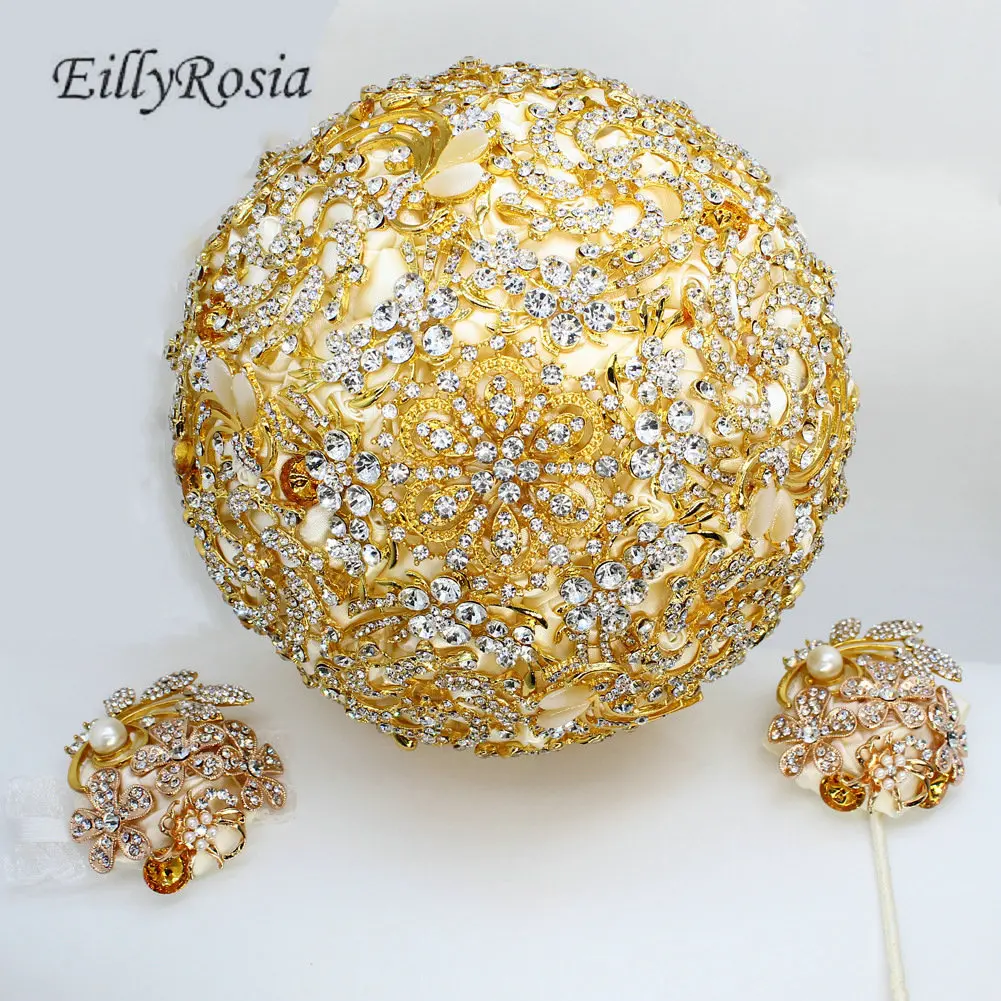 

EillyRosia Блестящий Золотой маскарадный букет Свадебный букет для невесты кристаллы блестящая брошь букет бутоньерки набор цветов