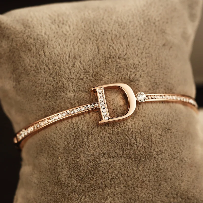 Bangle bracelet crystal bracelets Simple Rose Gold Silver Color Bangles Letter Crystal Cuff Bracelet & Bangle For Women Girls Female